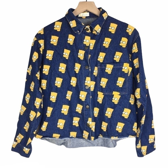 Bart Simpson LUNATIC BLUE Denim Jean Jacket Shirt Shacket Cartoon Fun Retro Snap - Picture 2 of 11